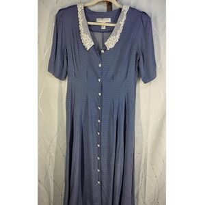 VTG 90s Maggie Lawrence Dress 10 Maxi Button Front Prairie Cottagecore Birdseye